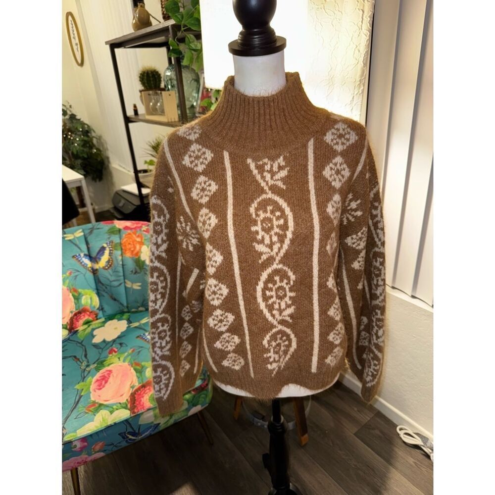 Vici Brown and Cream Patterned Turtleneck Sweater